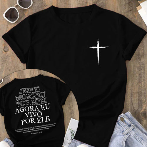 Camiseta Cristã 100% Algodão “Vivo Por Ele” Unissex – Estilo, Fé e Conforto