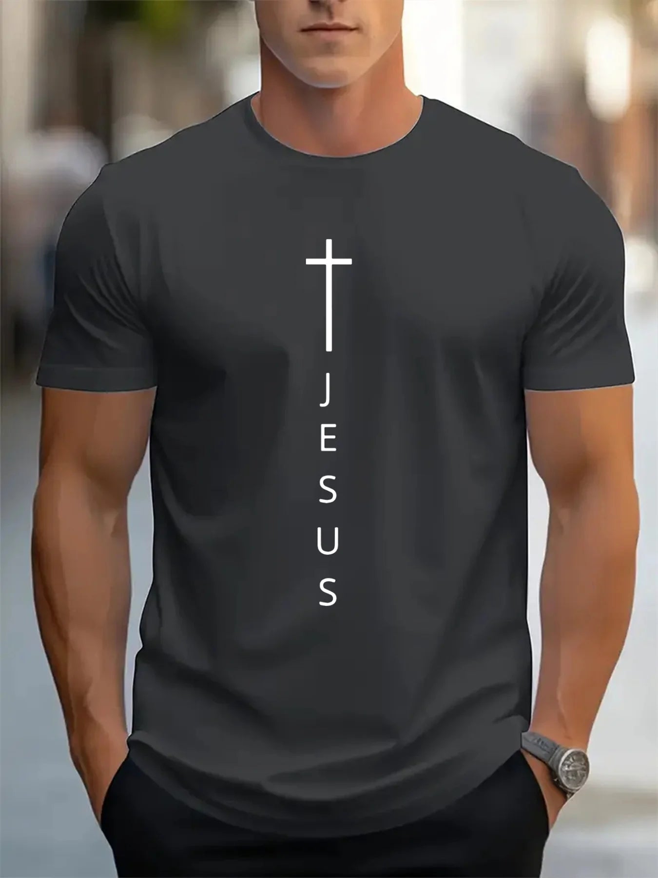 Men's Summer 100 Cotton Fashionable Casual Loose Large Cross and Jesus Letter Printed Sports Round Neck Short Sleeve T-shirt Top