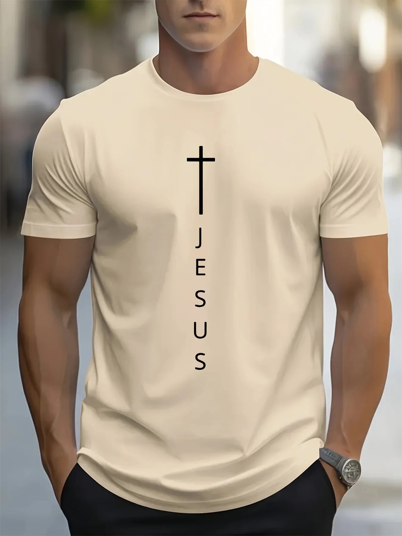 Men's Summer 100 Cotton Fashionable Casual Loose Large Cross and Jesus Letter Printed Sports Round Neck Short Sleeve T-shirt Top