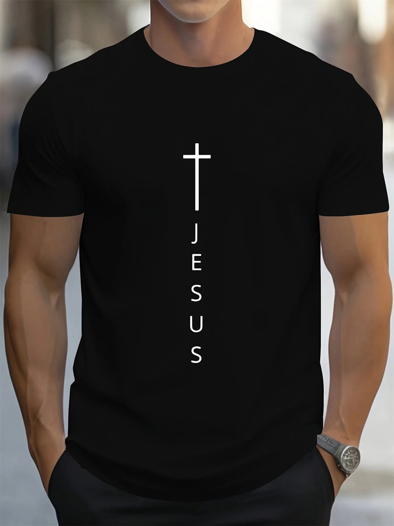 Men's Summer 100 Cotton Fashionable Casual Loose Large Cross and Jesus Letter Printed Sports Round Neck Short Sleeve T-shirt Top